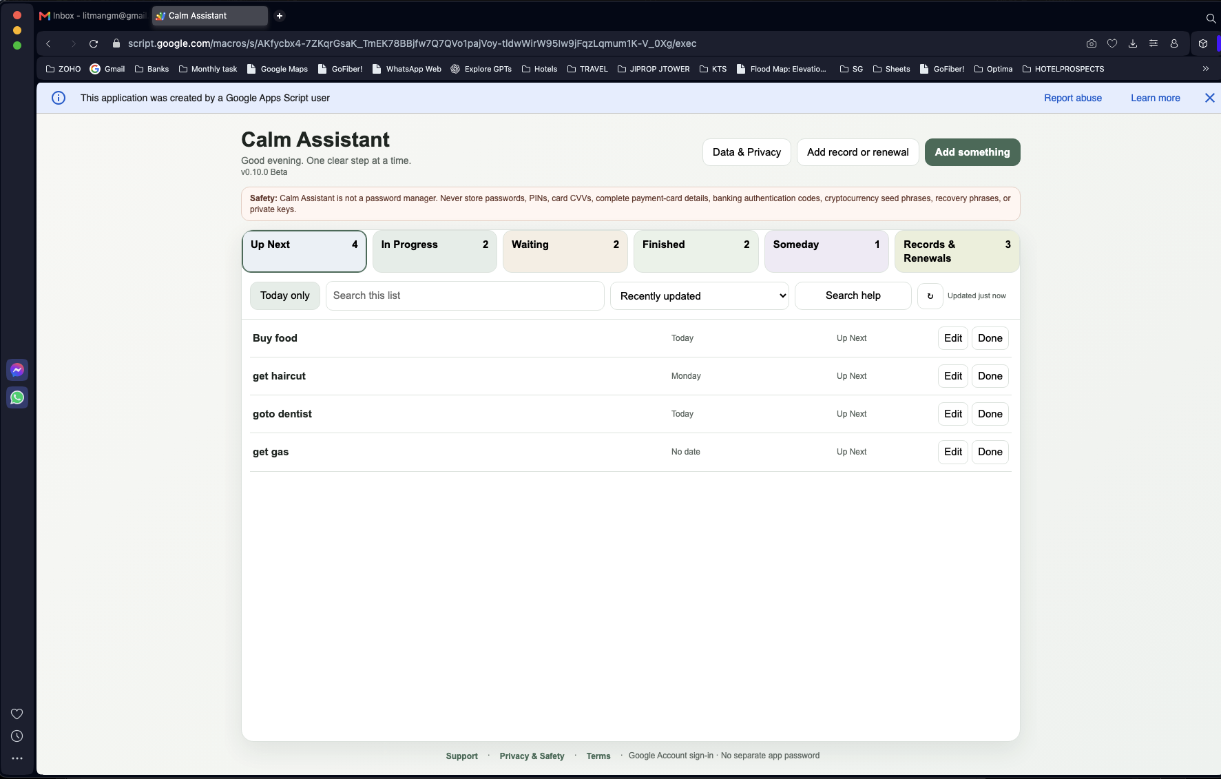 Calm Assistant task and records interface preview