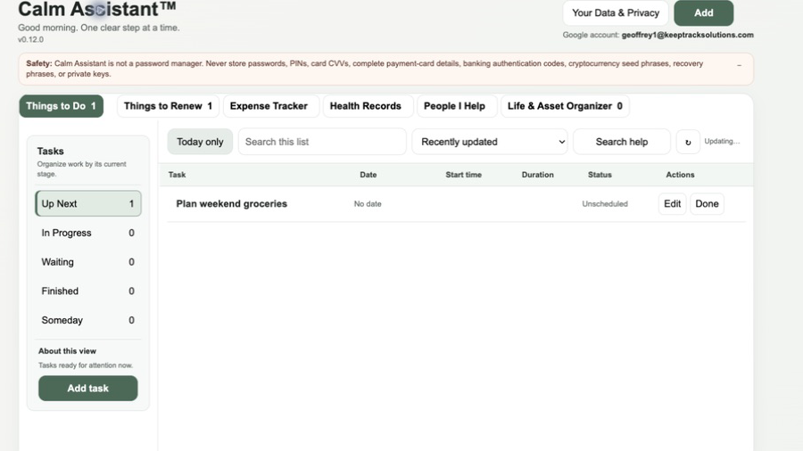 Calm Assistant Tasks view showing the fictional task Plan weekend groceries.