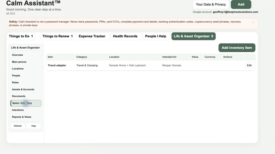 Inventory view showing Travel adapter for Morgan Sample at Sample Home Hall cupboard.