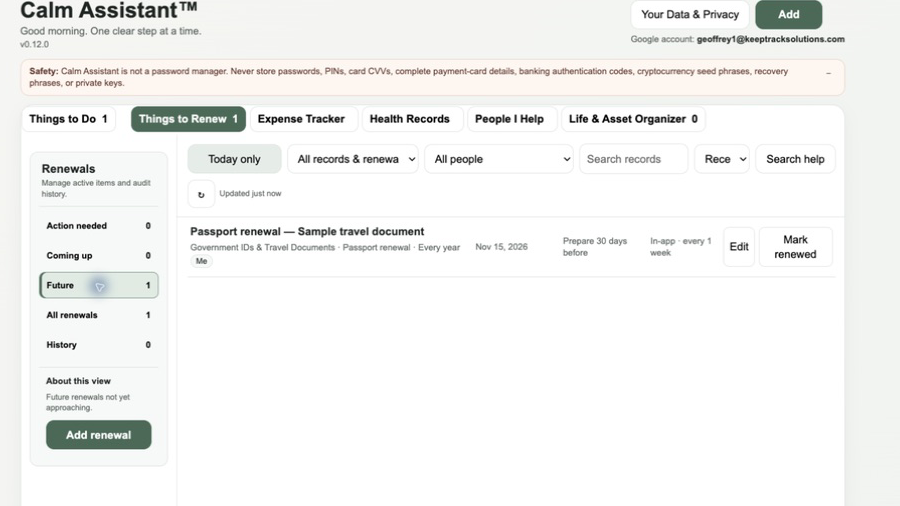 Future Renewals view showing Sample travel document due 15 November 2026.