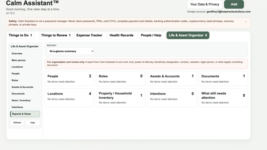 Reports and Views summary showing fictional organizer counts.